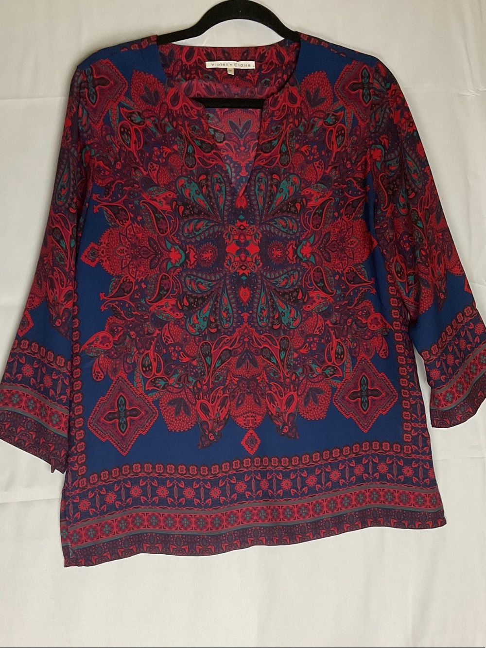 Violet and Claire  Blue Tunic with Red Paisley Medallion Print